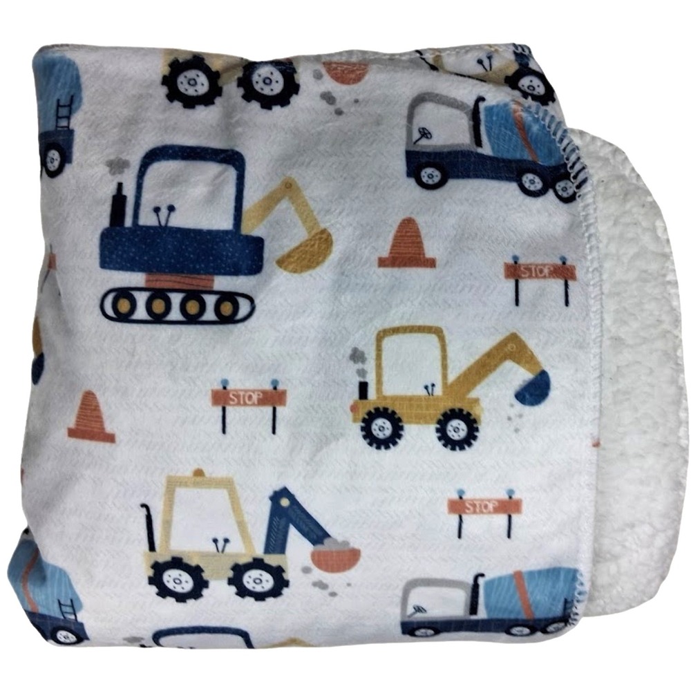 SL Home Fashions Plush Bulldozer Construction Vehicles Baby Blanket White Sherpa